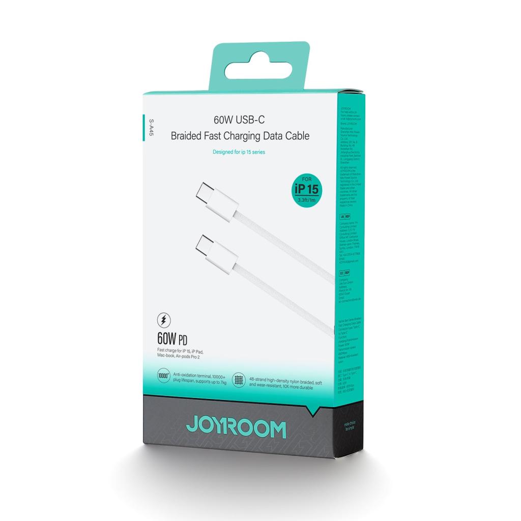 1751518253_2120671766_3f89305fb1dabad87b9b.jpg JOYROOM Ben Series Braided 60W Fast Charging Data Cable (Type-C to Type-C) 1m-White - Image 1