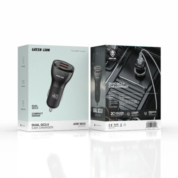 Green Lion Dual QC3.0 Car Charger 40W (QC 20W*2) With USB-A to USB-C Cable 1M