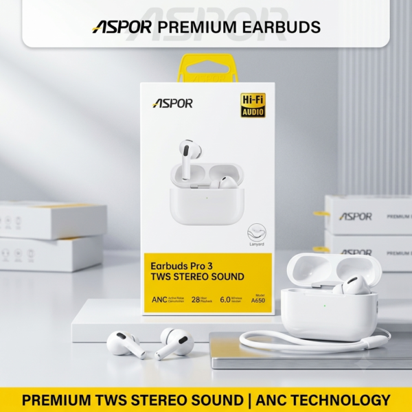 Aspor A650 Pro 3 TWS Earbuds Bluetooth 6.0 with Lanyard